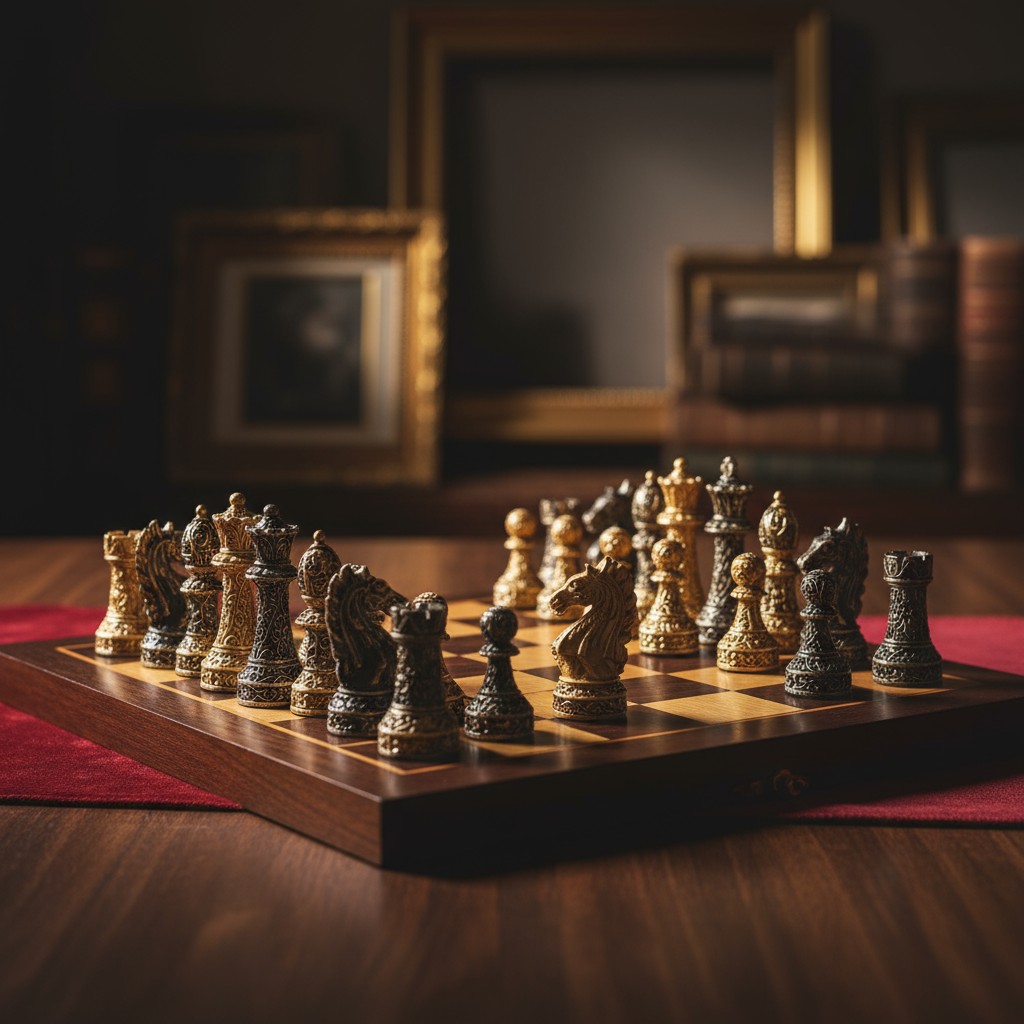 Uma imagem de uma mesa de xadrez com peças na posição de ataque, com um ecuador cromado, entre o cavalo, bispo, e uma torr...