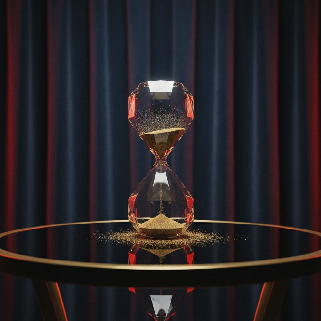 Uma pequena e luxuosa relógio de areia, com um relógio de areia tradicional, cercado por um prateleira circular com uma su...