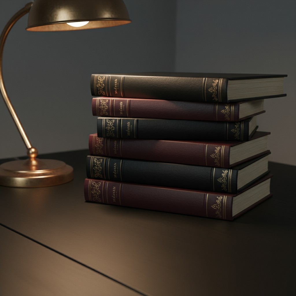 Uma imagem de uma mesa com livros empilhados embaixo de uma lâmpada.